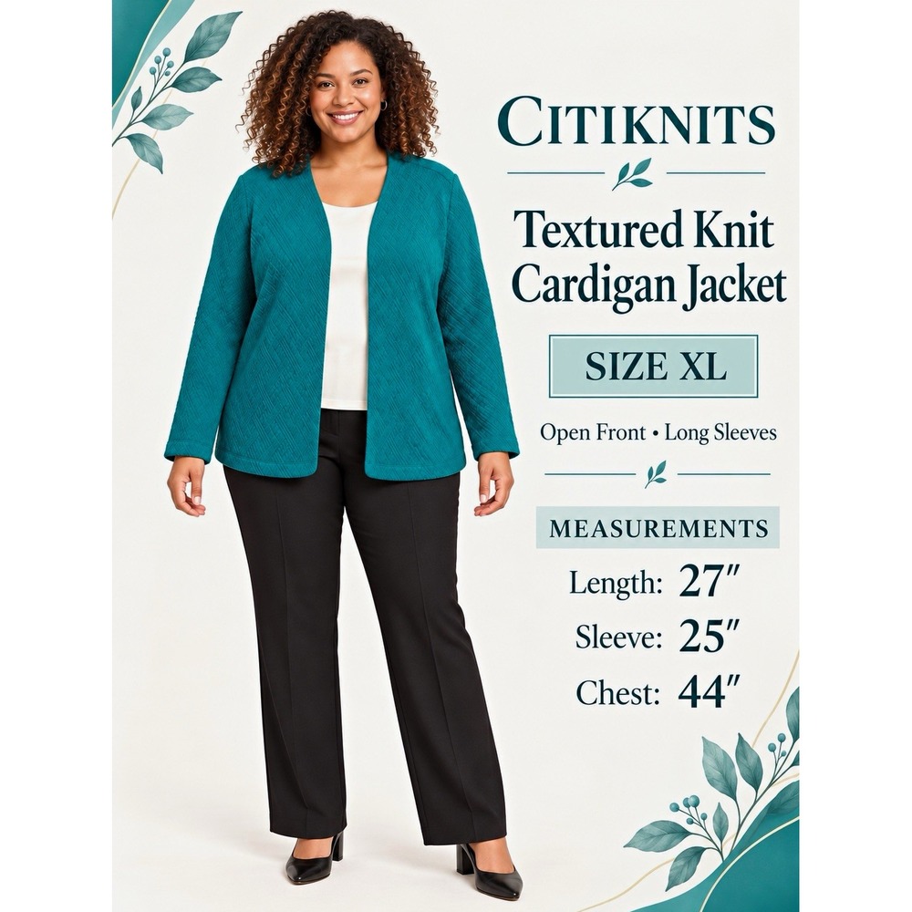 Citiknits Womens XL Teal Textured Knit Open Front Cardigan Jacket Long Sleeve